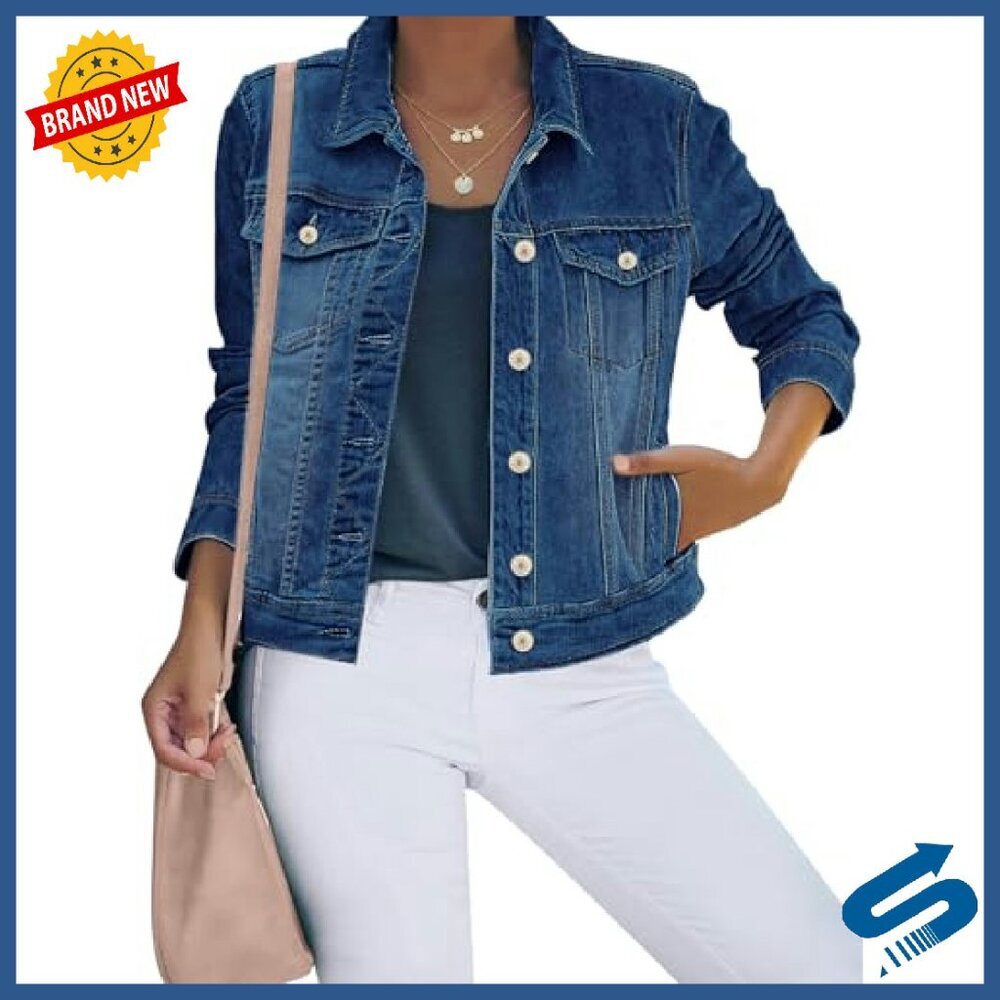 Stretch Cotton Denim Jacket Button Down Long Sleeve Relaxed Fit - Picture 2 of 8